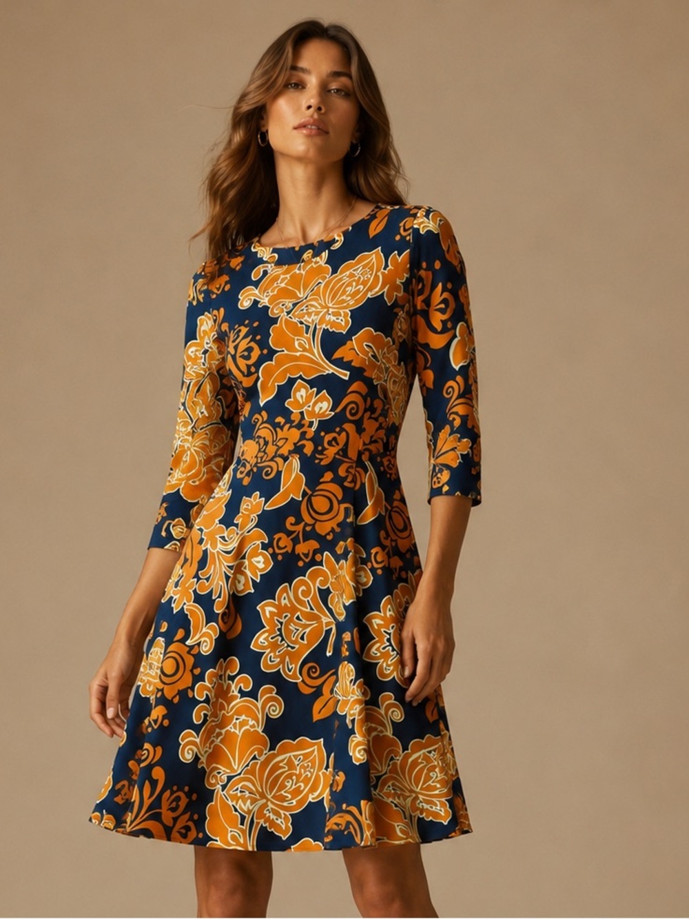 Vintage Floral Orange Navy Stretch Midi Dress 3/4 Sleeve Retro Mod S